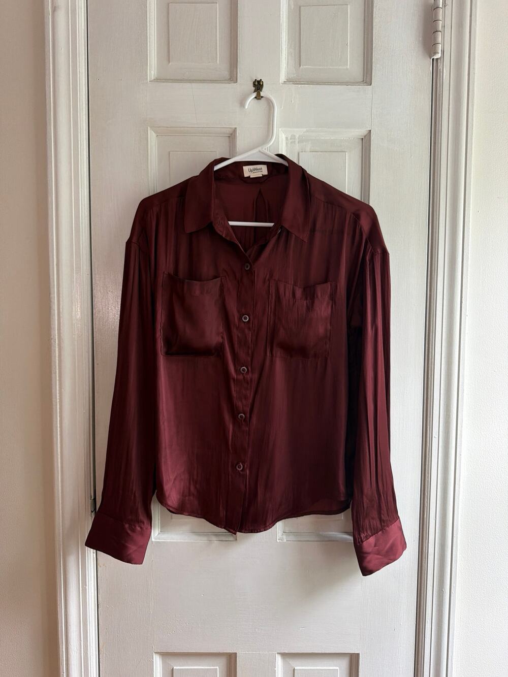 UpWest Satin Button Down Shirt Burgundy Wine Red Pocket Blouse XS